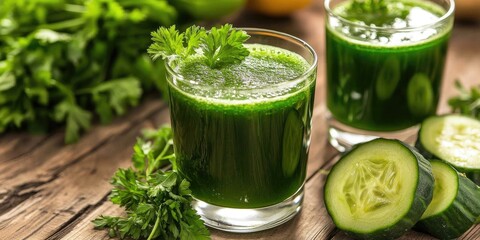 Fototapeta premium Fresh green juice in clear glasses garnished with herbs and cucumber slices on rustic wooden table surrounded by fresh herbs and fruits.