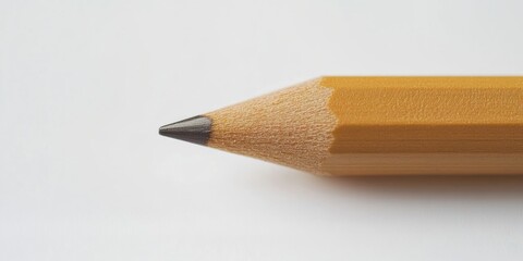 Closeup of a sharpened yellow wooden pencil with a gray lead tip positioned diagonally against a clean white background creating a minimalist look