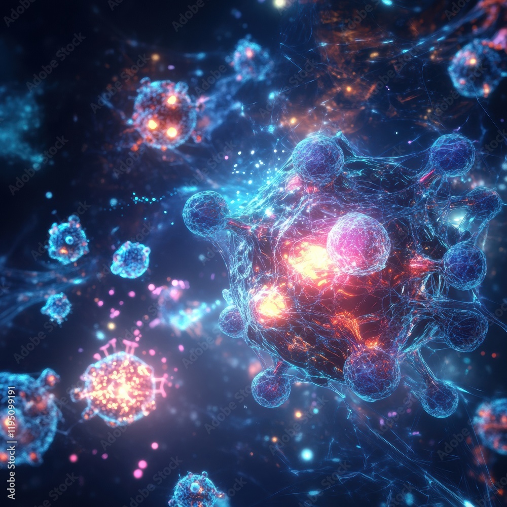 Poster visualization of antibodies actively targeting and neutralizing various pathogens in a vibrant digit