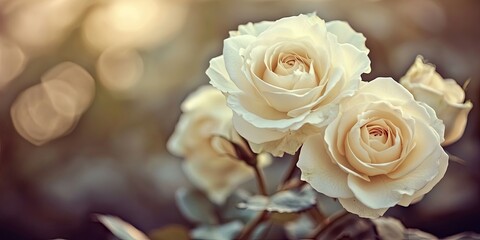 Obraz premium Soft cream-colored roses in closeup with blurred vintage background providing ample copy space on the left for text. Warm tones enhance the ambiance.