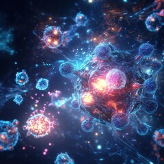 Visualization of antibodies actively targeting and neutralizing various pathogens in a vibrant digital representation. Generative AI