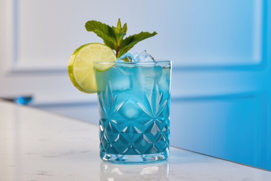 Refreshing blue cocktail garnished with lime and mint, perfect for a summer day.
