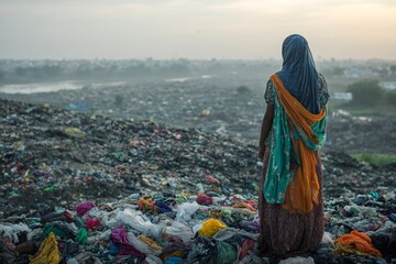 Indian ragpicker searching for recyclable materials in a landfill at sunrise