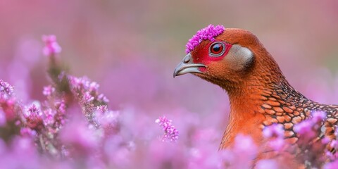 Fototapeta premium Male Red Grouse in profile view surrounded by vibrant purple heather flowers with soft pink background ideal for nature and wildlife themes.