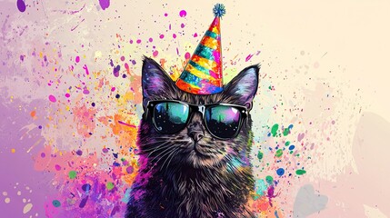 Colorful Artistic Cat in Party Hat and Sunglasses on Vibrant Abstract Background