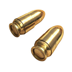 The image shows two golden colored bullets isolated against a black background showcasing their metallic texture and detail.