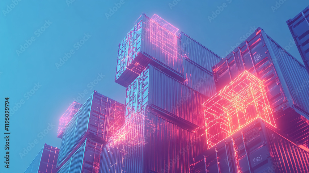 Poster futuristic glowing containers with neon lights in a modern cyberpunk style