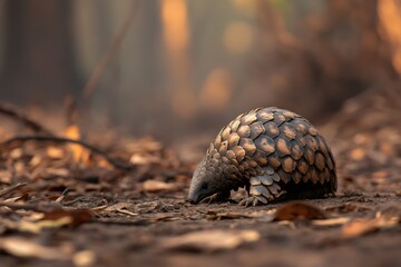 Fototapeta premium Pangolin searching for food in a burned forest