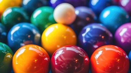A close-up of the vibrant colors of snooker balls arranged in a triangle, with the cue ball resting nearby