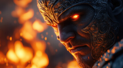 Epic battle scene featuring armored warrior with fiery background fantasy realm digital art dramatic lighting intense emotion