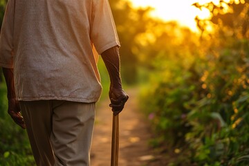 A serene image of an elderly man with dark skin, holding a wooden cane, walking on a dirt path lined with lush green fields under soft golden hour light, medium-close-up shot 4