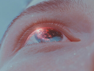 Fototapeta premium an eye with a galaxy reflection in the iris, set against a blurred background.
