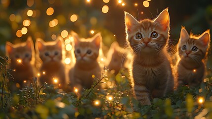 Five adorable ginger kittens in magical night garden.