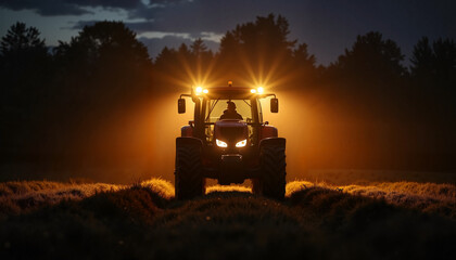Farmer silhouetted by tractor lights in evening farmland, rural determination