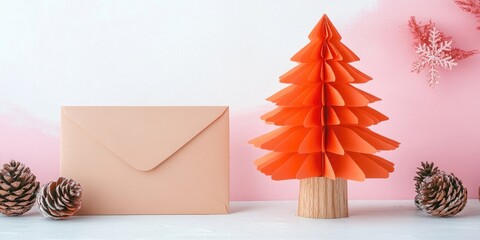 Coconut fiber orange Christmas tree on wooden stand with kraft envelope and pinecones against pink and white background highlighting eco-friendly theme