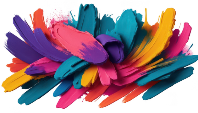 Layered brushstrokes in bold Holi colors with varying widths and transparency levels, creating a textured, overlapping effect, isolated on a white transparent background PNG