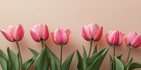 Pink tulip flowers arranged in a row against a soft beige background with green leaves creating a tranquil botanical composition with ample space.