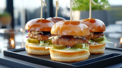 Mini sliders with brioche buns tender pulled pork and pickled slaw elegantly arranged with skewers rare elegant finger food casual sophistication 