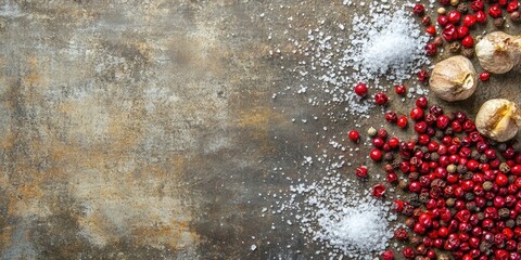 Colored peppercorns and sea salt arranged on rustic textured background with wood accents ample negative space for text placement