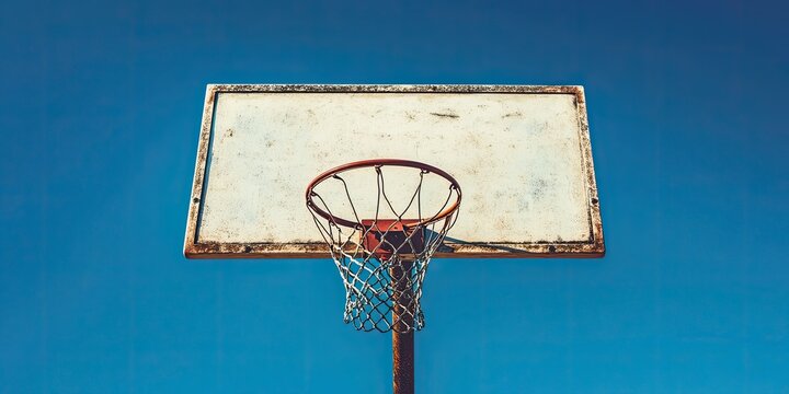 Vintage basketball hoop against a clear blue sky with worn white backboard and red rim highlighting outdoor sports atmosphere. - Powered by Adobe