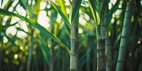 Close up of vibrant green sugarcane plants with strong tall stalks illuminated by soft sunlight in lush field background scene