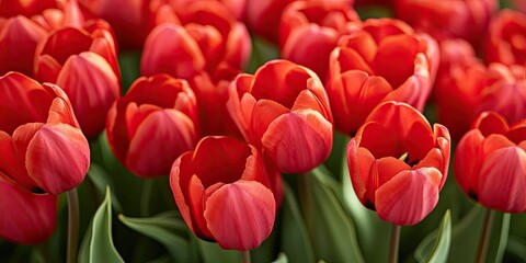 Fototapeta premium Vibrant cluster of blooming red tulips with lush green leaves in the foreground creating a natural backdrop filled with rich colors and textures