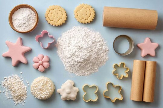 Flour, rolling pin, cookie cutters, and decorated cookies creating festive baking scene