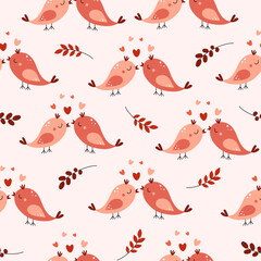 Seamless pattern of a couple of cute birds with hearts. Valentine's Day. Love, romance, relationships. Vector illustration