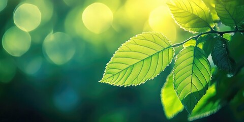 Closeup of vibrant green leaves with intricate veins against a soft green bokeh backdrop highlighting a serene garden and ecological themes.