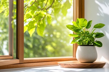 Fototapeta premium Potted Plant by Sunlit Window with Leafy Outdoor View