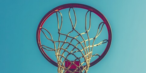 Vintage basketball hoop in red and yellow against a clear blue sky highlighting the outdoor sports atmosphere from a low angle perspective