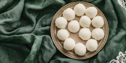 Coconut candies neatly arranged in a circular pattern on a decorative plate centered atop lush green fabric with lace accents
