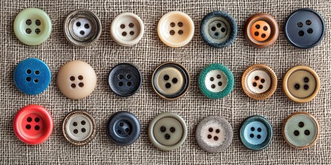 Variety of colorful sewing buttons arranged in four rows on a textured beige fabric background with ample copy space in the center