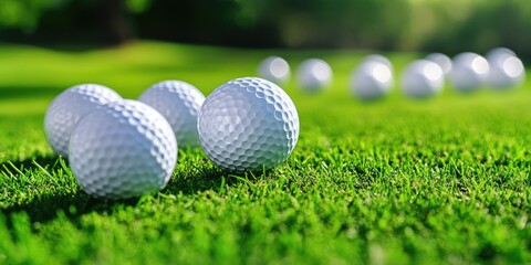 Naklejka premium Closeup of several white golf balls scattered on vibrant green grass with blurred background highlighting golf sports and competition ambiance