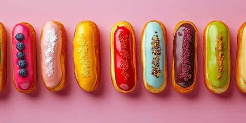 Vibrant colorful eclairs arranged in a row against a pink background showcasing various flavors with space for mock up text above and below