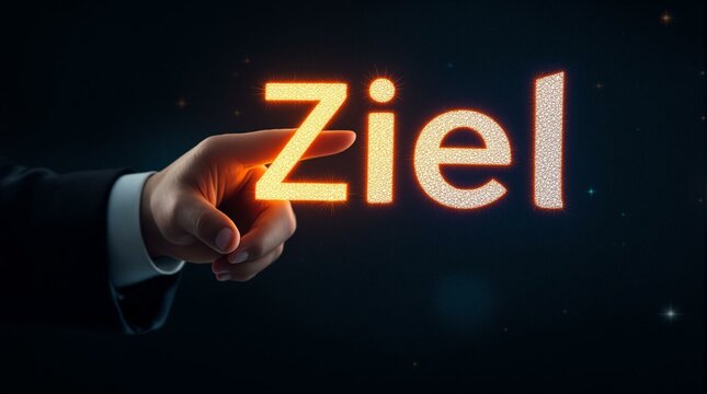 Die Hand eines Gesch&auml;ftsmanns zeigt auf das leuchtende Wort 'Ziel,' wobei der Buchstabe 'e' als Dartbrett gestaltet ist. Das Wort 'Ziel' ist in goldenen Buchstaben geschrieben. Symbolisiert Fokus, Amb