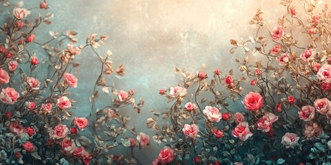 Romantic floral background featuring soft pink roses on a dreamy blue gradient with ample copy space ideal for vintage wedding designs