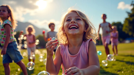 Daycare children outdoors playing with bubbles and doing fun activities with childcare provider