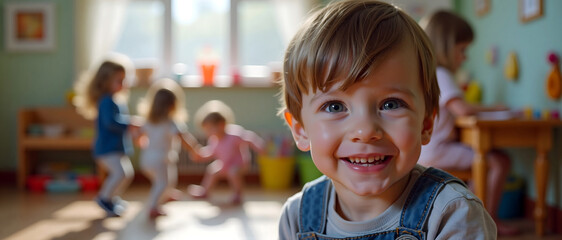 Childcare facility cute young toddler boy smiling, home daycare center wide banner, children playing in the background