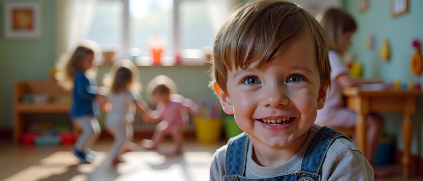 Childcare facility cute young toddler boy smiling, home daycare center wide banner, children playing in the background