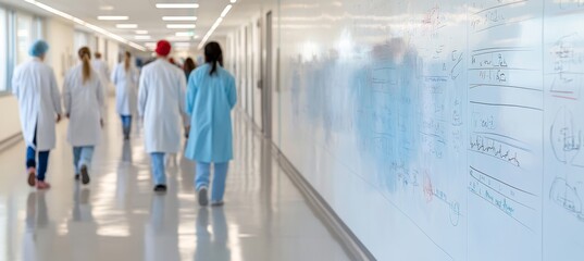 Blurred Medical Professionals in Lab Coats Walking Down Corridor, Leaving Room for Text Overlay
