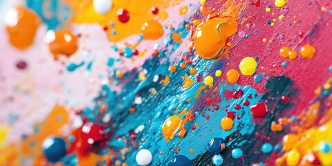 Vibrant abstract background with oil paint splatters in orange, blue, and red colors, featuring...