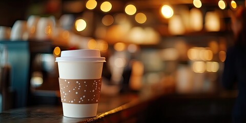 Coffee cup in the foreground with warm bokeh lights and blurred cafe background, soft earthy tones creating a cozy coffee shop atmosphere