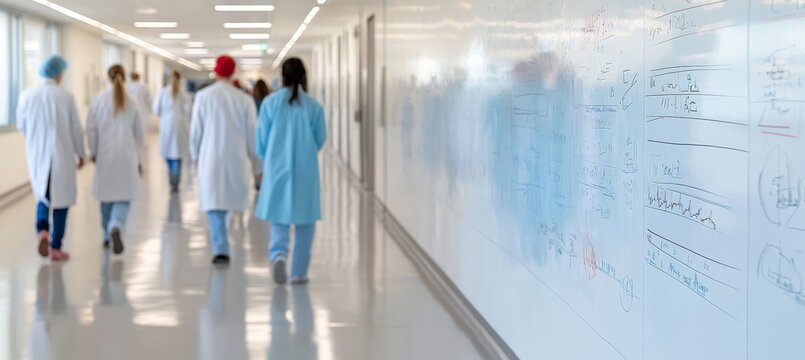 Blurred Medical Professionals in Lab Coats Walking Down Corridor, Leaving Room for Text Overlay