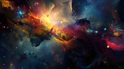 Fototapeta premium Abstract Cosmic Nebula Painting Vibrant Colors Dark Space Galaxy Universe Stars Background Digital Art Design Illustration Fantasy Artwork Celestial 