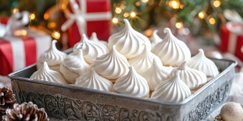 Fototapeta premium Coconut meringue cookies in a silver metal box with swirled peaks in the foreground and festive Christmas gifts blurred in the background