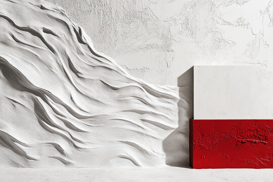Modern abstract wall design with textured waves and red accent block