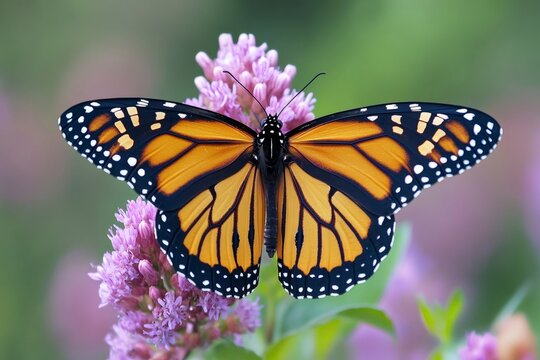 Monarch butterfly showing its beautiful orange and black wings on purple flower - Powered by Adobe