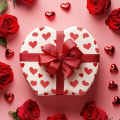 Valentine's Day elements with a gift box wrapped in heart-shaped paper and a red ribbon surrounded by red roses and decorated with a heart on a pink background, love, romantic ideas. - 1