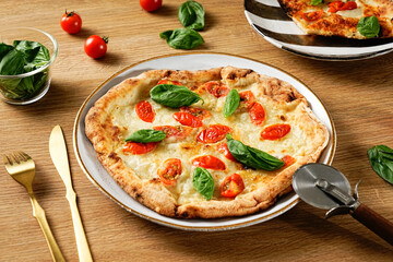 Neapolitan-style pizza. Pizza Margherita thin crust, fresh ingredients, and high edges. Pizza Napoletana